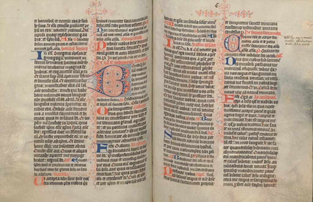 Afb. 6: Gekleurde initialen met Delfts penwerk en aantekening in de marge (fol. 99v-100r (scans 208-9)).