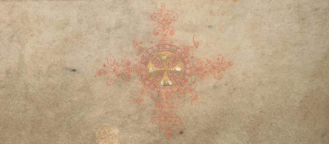 Kruis van bladgoud onderaan de sectie met eucharistische gebeden in Missaal 1 (fol. 126 extra 6v)