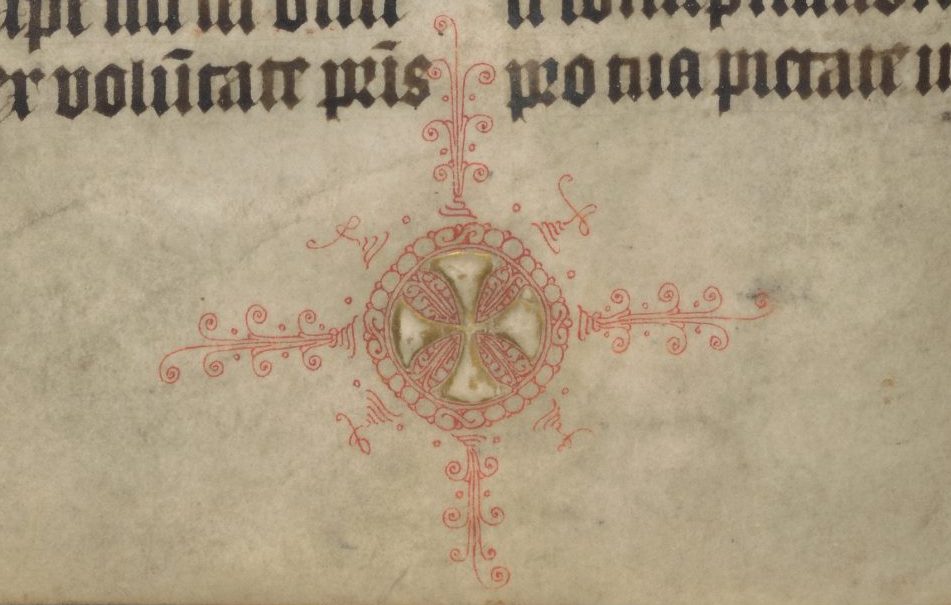 Kruis van bladgoud onderaan de sectie met eucharistische gebeden in Missaal 2 (fol. 144 extra 6v)