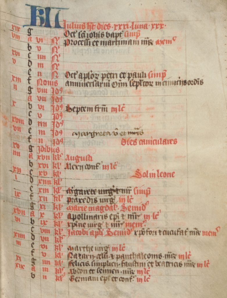 Kalender voor juli, met de feestdag van Margareta verplaatst van 20 naar 13 juli (scan 19)