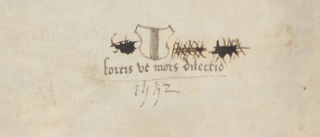 Schild, spreuk en het jaartal 1552 (scan 280).