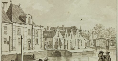 Zicht vanaf de Turfkade op de Kleine Kade te Goes in 1793. In de kademuur is met een boog aangegeven waar het water werd doorgelaten naar de molen. Geheel rechts op de tekening is de Sint Maartensbrug te zien met links daarvan de Oude Havenpoort en rechts van de brug de Bleekveldse Poort.