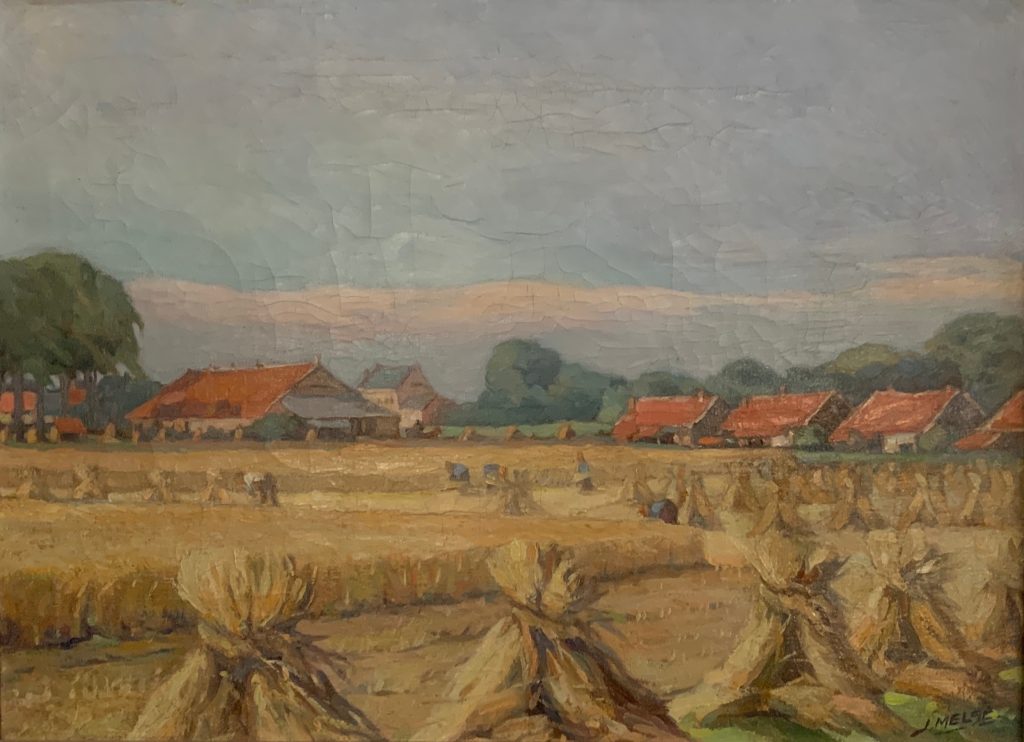 Schilderij van meestoof en huizen, op de voorgrond korenschoven