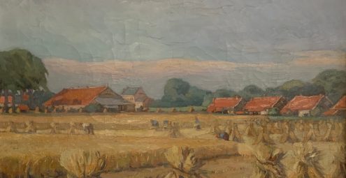 Schilderij van meestoof en huizen, op de voorgrond korenschoven