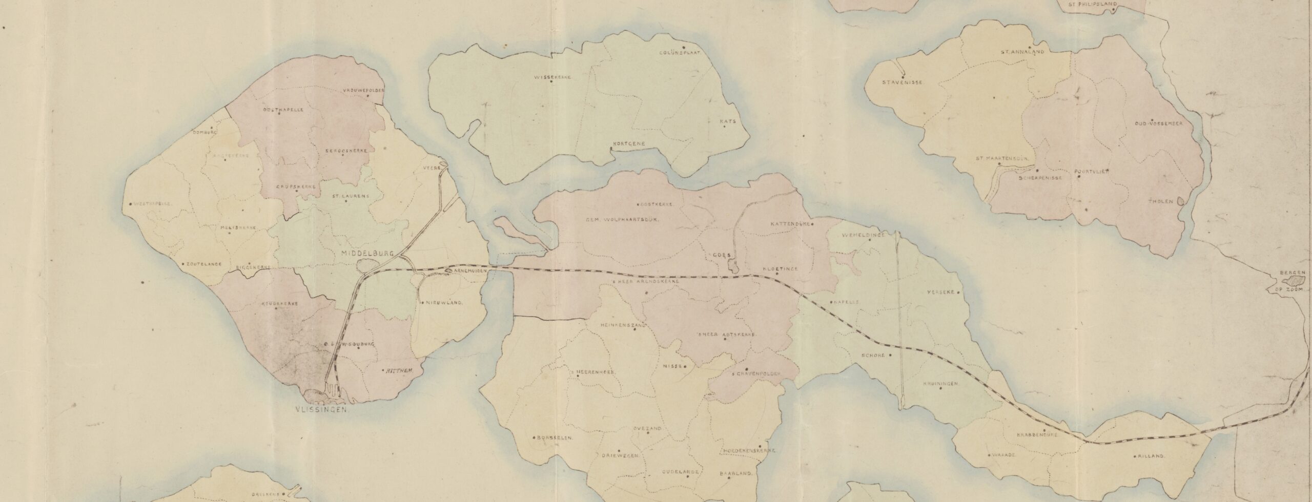 Kaart van Zeeland met ingetekende gemeentegrenzen voor een voorstel van de gemeentelijke herindeling die niet overeenkomt met de uiteindelijke herindeling.