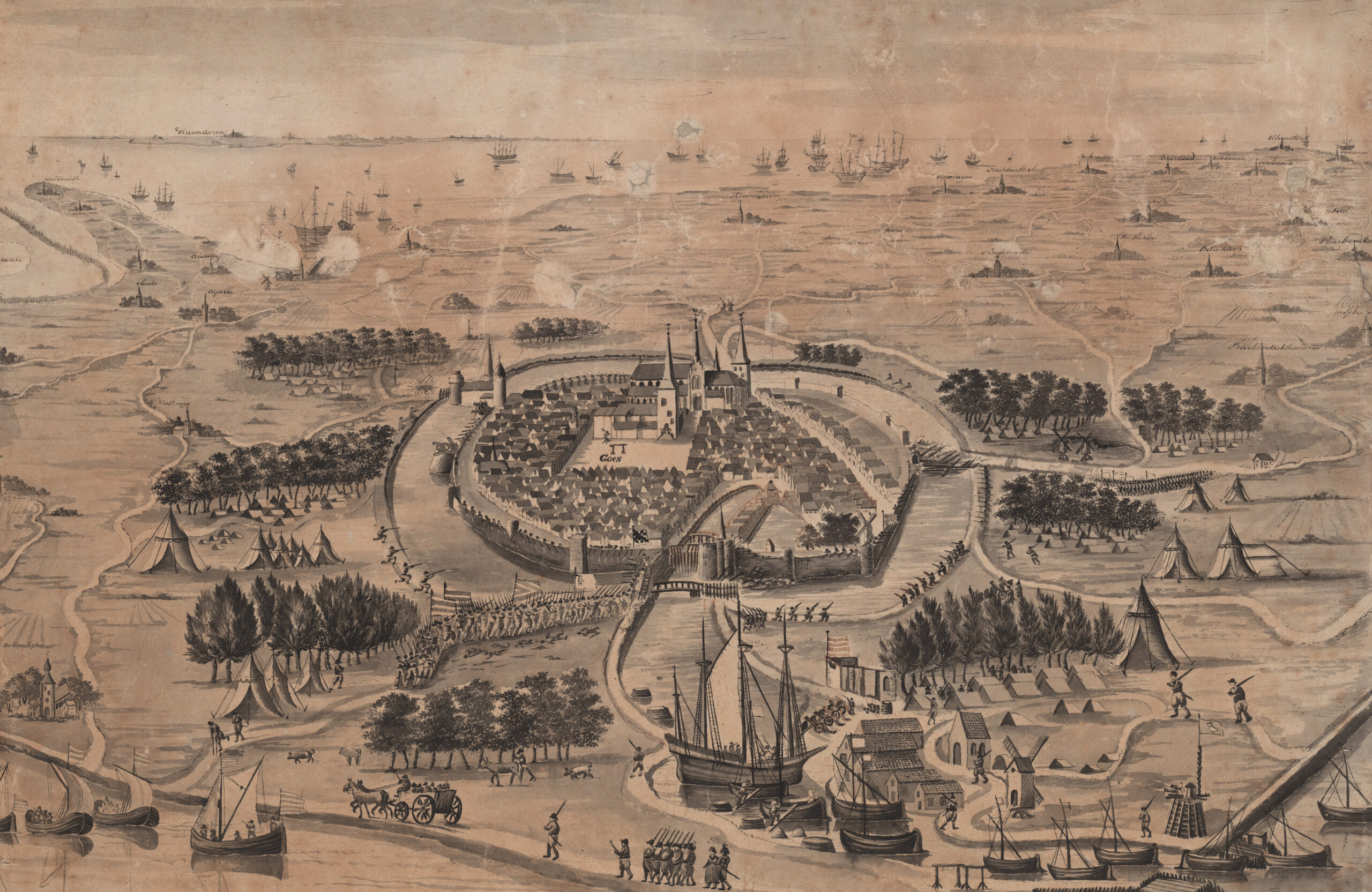 Waterverfschilderij van de belegering van Goes in 1572