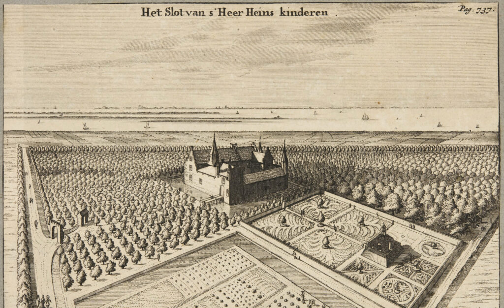 Gravure met een slot en de velden eromheen