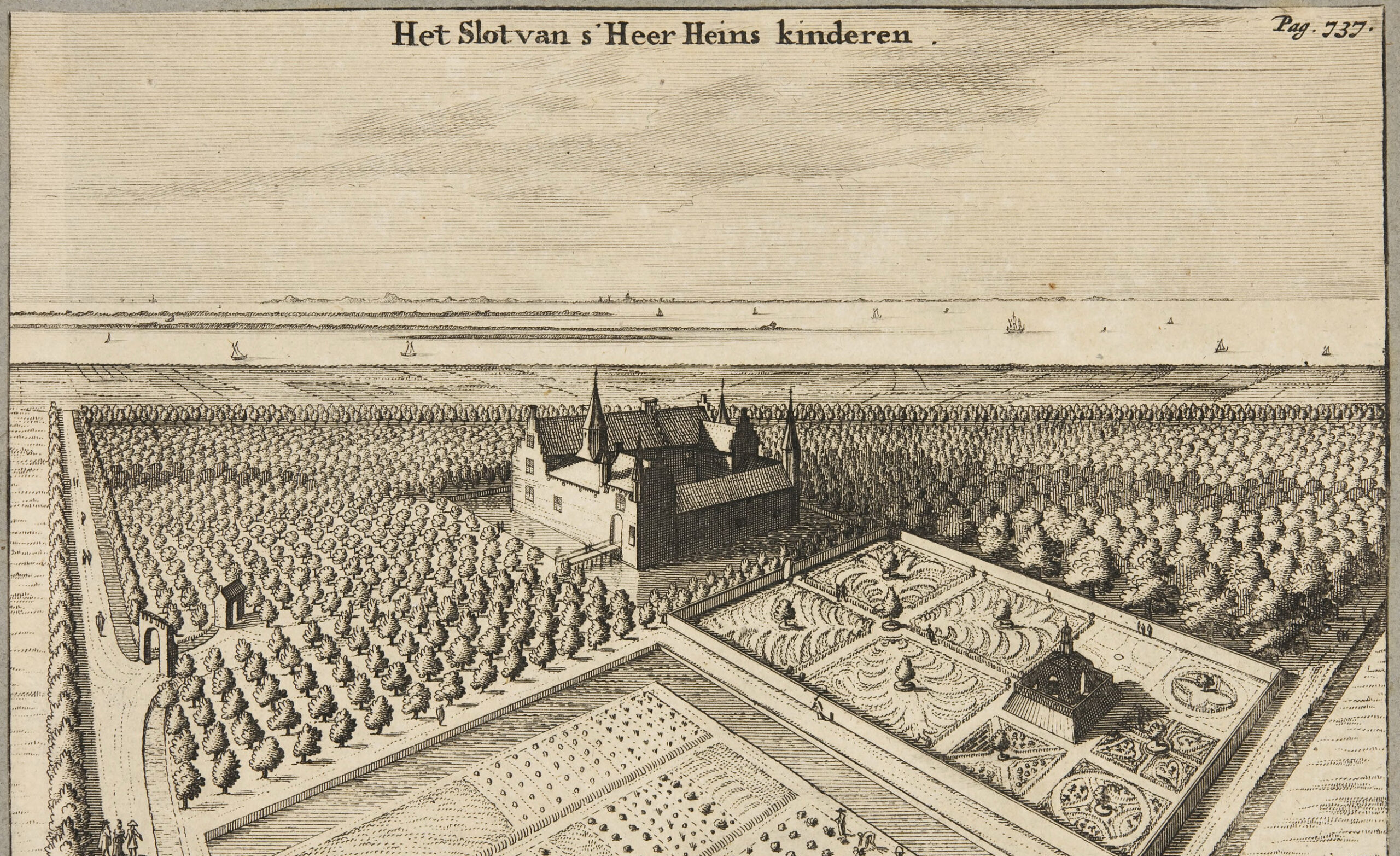 Gravure met een slot en de velden eromheen