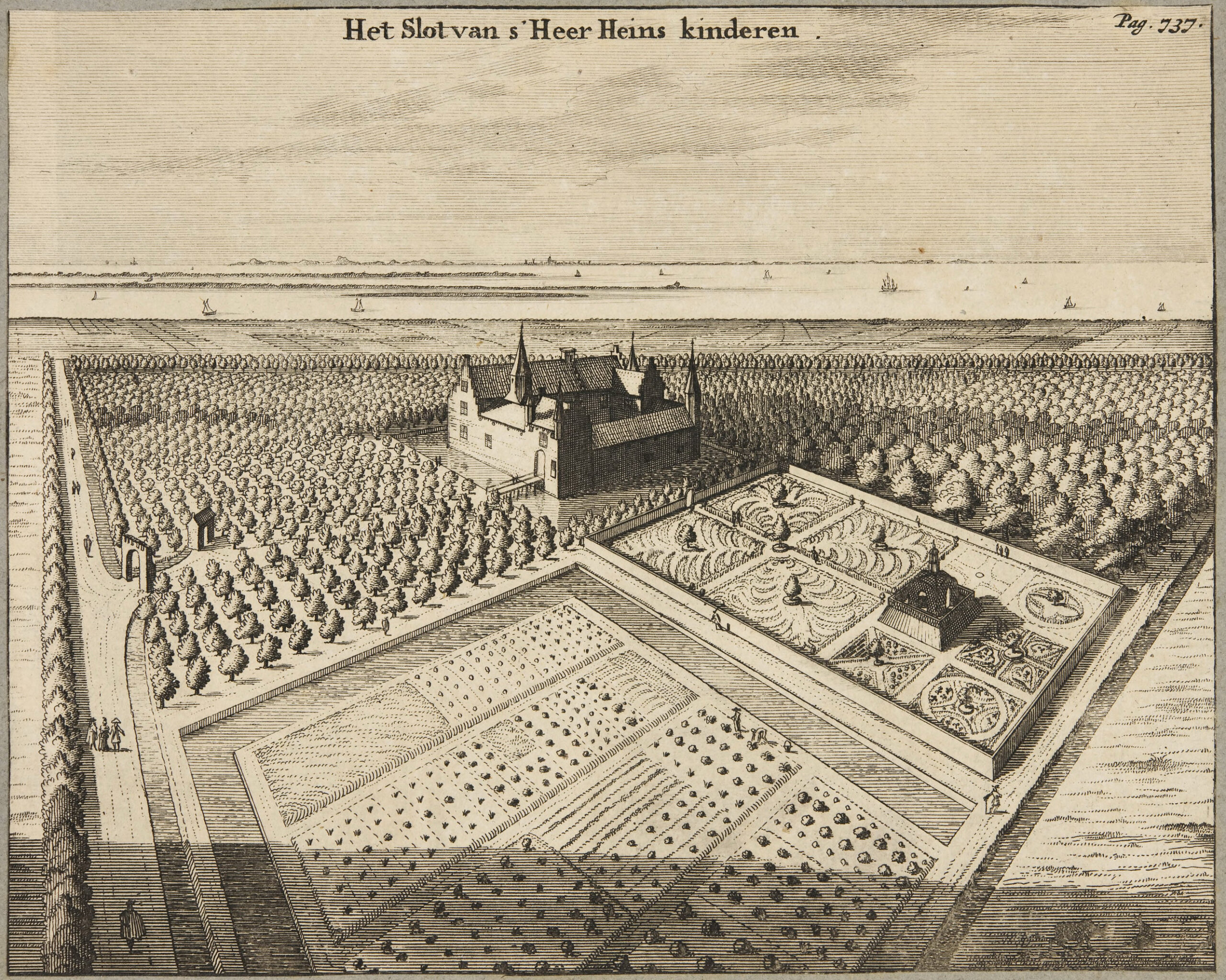 Gravure met een slot en de velden eromheen