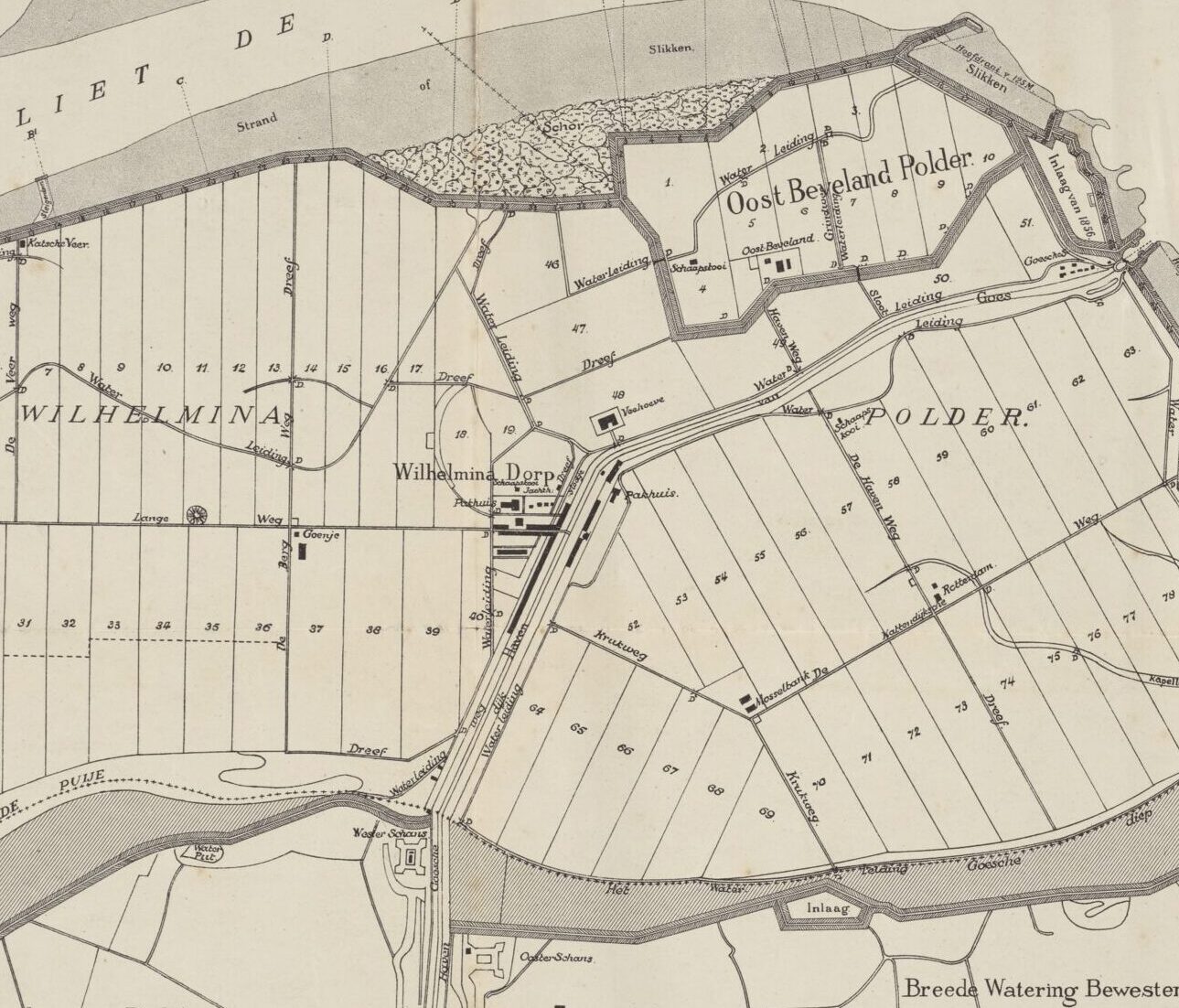 Kaart van den Wilhelmina en Oostbeveland Polder