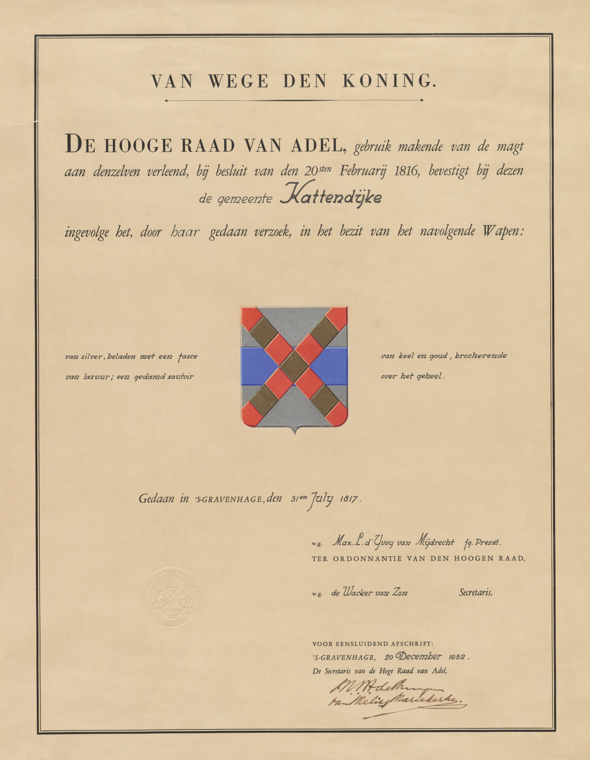 Wapendiploma met in het midden het wapen van Kattendijke