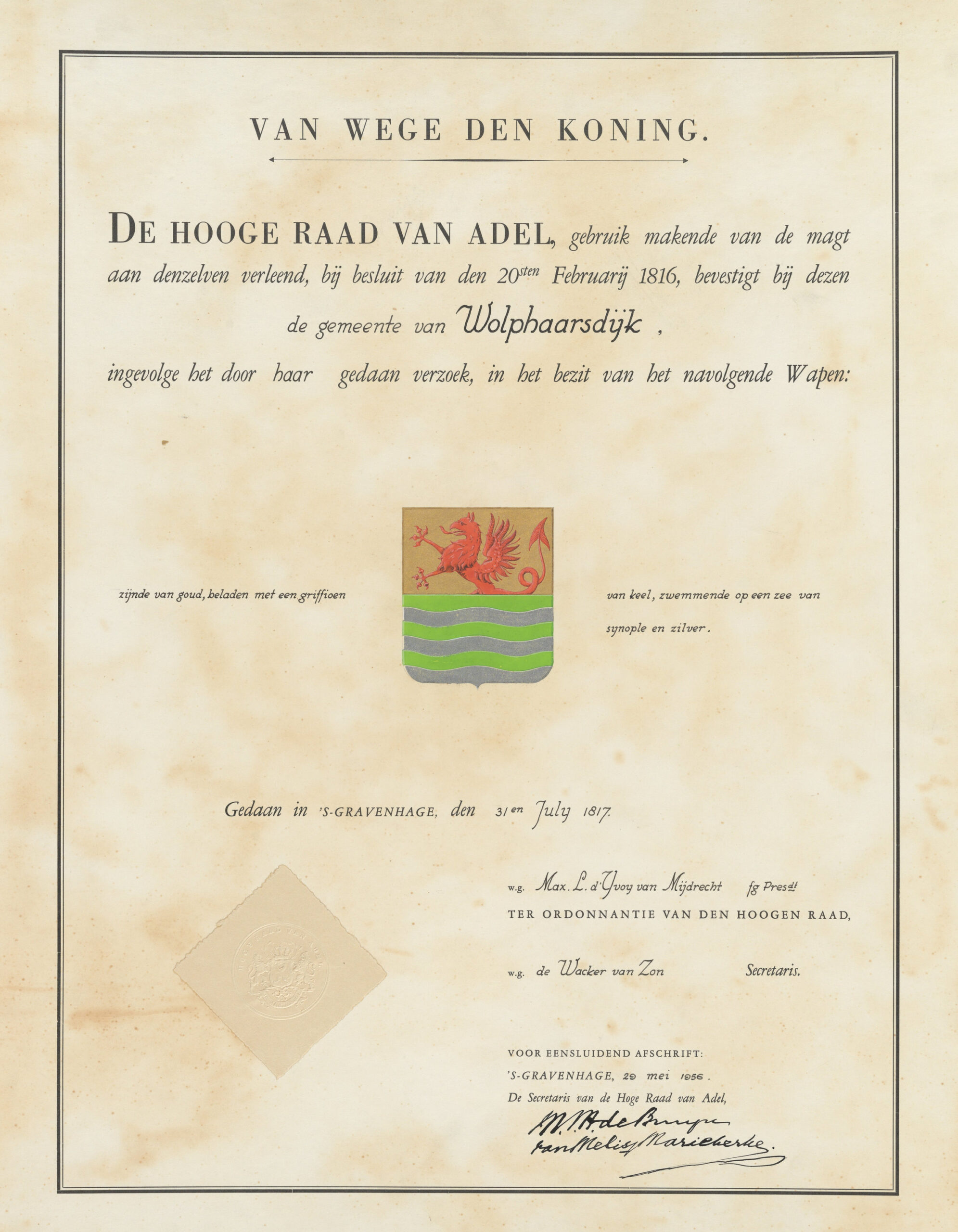 Wapendiploma met in het midden het wapen van Wolphaartsdijk
