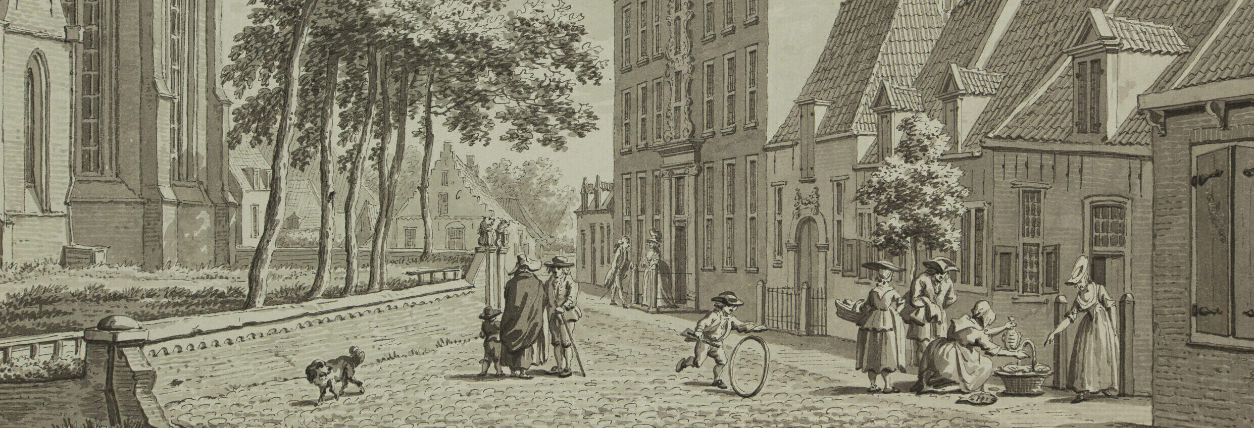 Dorpsgezicht Kloetinge, met links de koorsluiting van de Nederland Hervormde Geerteskerk, en rechts het raadhuis, later gemeentehuis