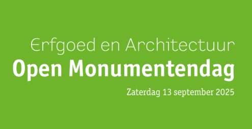 Tekst op afbeelding. Erfgoed en Architectuur: Open Monumentendag 2025. Zaterdag 13 september 2025
